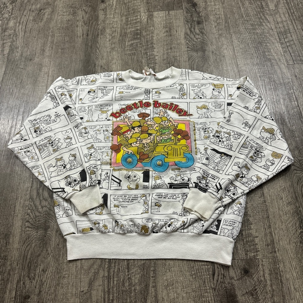 Vintage 80s Beetle Bailey AOP Comic Strip Sweatshirt Rare Small